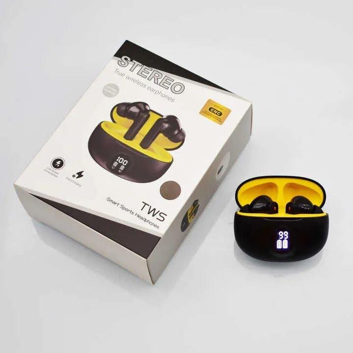 Gadget Spark HiFi stereo Bluetooth earbuds in charging case with digital display showing battery level